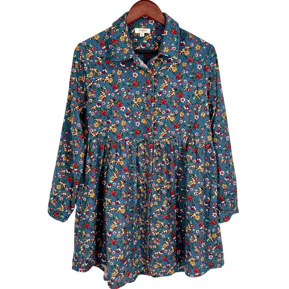 Umgee Dresses & Skirts - UMGEE Sz Small Floral Corduroy Dress Long Sleeve Fall Winter Autumn Artsy Blue